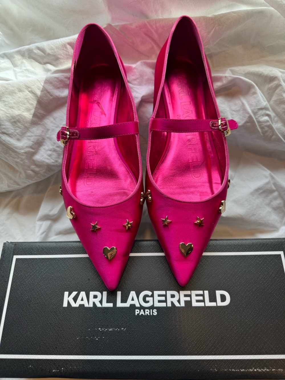Karl Lagerfeld Veyda Hot Pink Satin Pointed Mary Jane Flats with Gold Studs